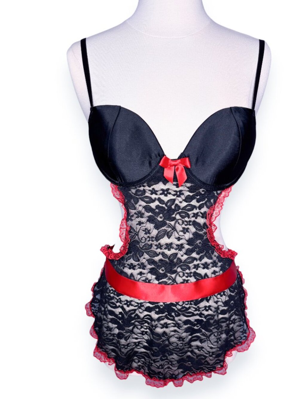 Apt. 9 Black Satin Red Lace Trim Ties Ruffle Maid Costume Lingerie Size Medium